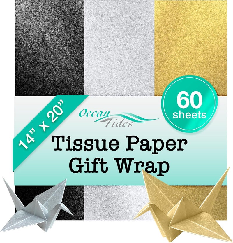 Ocean Tides Premium 60 Sheets (14 x 20 Inches) Valentine’s Wrapping Paper – Gift Wrapping Tissue Paper Bulk for Romantic Gifts & Birthdays – Colored Tissue Papers for Gift Bags, Black, Silver, Gold - Image 1